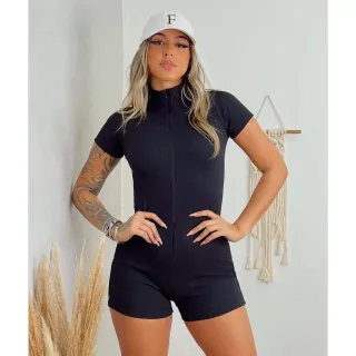 Moda Gringa Macacão Longo Branco Canelado com Zíper - Preto Canelado Manga Longa 201