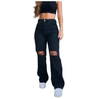 Moda feminina: Calça Pantalona Wide Leg Jeans - Tendência Gringa - Wide escuro destroyed no joelh