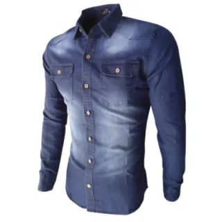 Camisa social lisa manga longa em jeans 100% algodão