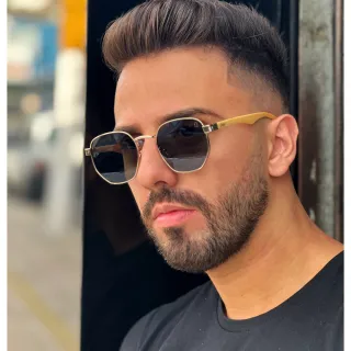 Hawai Óculos Hexagonal Unissex com Haste de Madeira - uv400 - Fumê Degradê