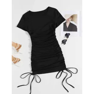 Tendência Gringa: Vestido Midi Canelado com Manguinha Franzido e Drapeado Lateral - Roxo