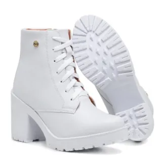 ENVIO IMEDIATO Bota Branca Cano Curto com Zíper Lateral Salto Alto Tratorado