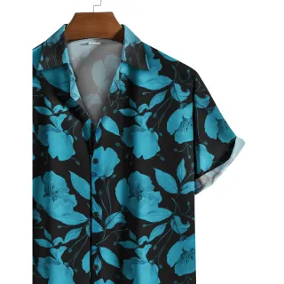 Moda Verão: Camisa Floral Botão Preto e Azul - M
