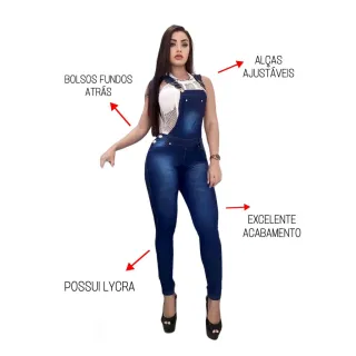 Macacão Jardineira Feminino Jeans Calça Lycra Mac02 - Azul