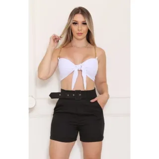 Alta costura social elegante: alfaiataria forrado com cinto e fivela, moda verao - Branco