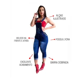 Jad04 Jardineira Capri Jeans Lycra Feminina com Botões - Blogueira - Azul