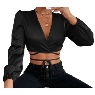 Tendência Top Cropped Manga Longa Cetim Trançado - Amarração Frontal Laço - Rosa Pink