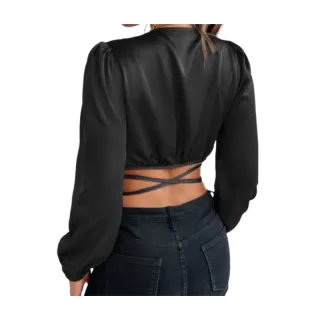 Tendência Top Cropped Manga Longa Cetim Trançado - Amarração Frontal Laço - Rosa Pink