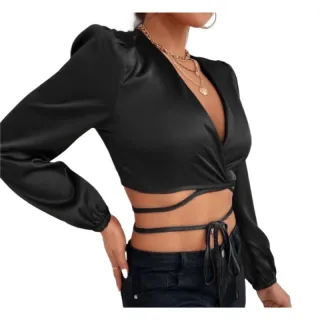 Tendência Top Cropped Manga Longa Cetim Trançado - Amarração Frontal Laço - Rosa Pink