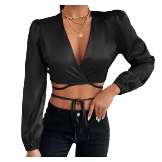 Tendência Top Cropped Manga Longa Cetim Trançado - Amarração Frontal Laço - Rosa Pink