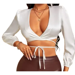 Tendência Top Cropped Manga Longa Cetim Trançado - Amarração Frontal Laço - Rosa Pink