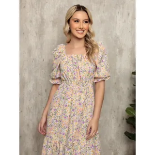 Vestido Feminino Estampado Crepinho Florzinha Ombro à Ombro Elastec - Poa lilas 2cm