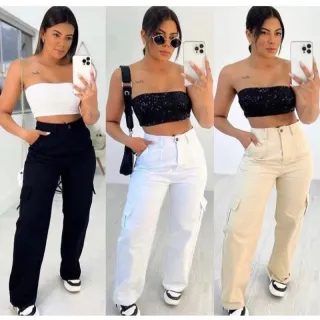 Calça Flare Feminina Wide leg em Sarja com Bolso Lateral Cargo