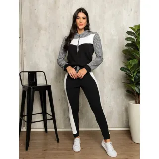 Frio Inverno Moletom Xadrez Capuz Com Malha Conjunto Feminino Crepe - Rose