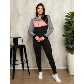 Frio Inverno Moletom Xadrez Capuz Com Malha Conjunto Feminino Crepe - Rose