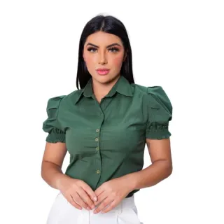 Camisa Social Feminina Branca Manga Curta - Liso - Azul Bebê