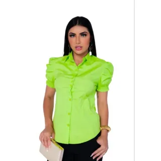 Camisa Social Feminina Branca Manga Curta - Liso - Azul Bebê