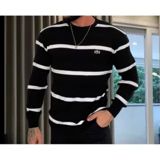 Suéter manga longa masculina com detalhes na gola e mangas - Azul marinho/c cinza