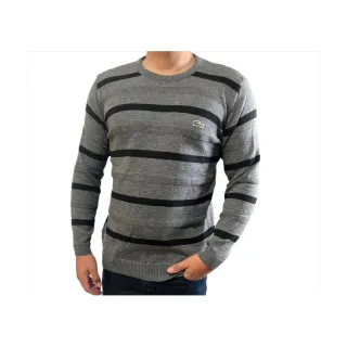 Suéter manga longa masculina com detalhes na gola e mangas - Azul marinho/c cinza