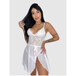 Pijama curto feminino Andreza em tule e renda, transparência elegante e sensual - Raryel - Branco