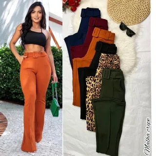Calça preta feminina flare cintura alta com cinto forrado malha crepe - Bordô
