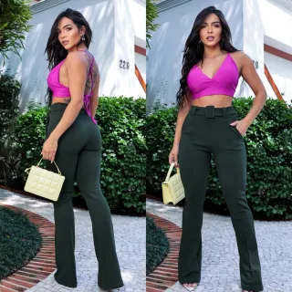 Calça preta feminina flare cintura alta com cinto forrado malha crepe - Bordô