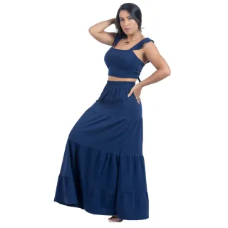 Moda feminina: Saia Longa + Cropped Top Casual Longo - Preto