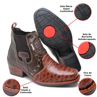 Botas Country em Couro Legítimo - Modelo 1011 - CAFE/ESTAMPADO