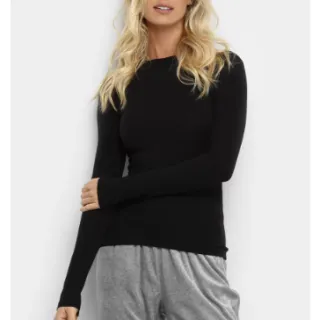 Feminina Manga Longa Básica Blusa - Preta