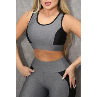 Moda Fitness Feminina: Conjunto Suplex Top + Calça Legging Cintura Alta 2 peças - Preto/Azul