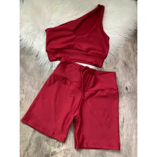 Top de Um Ombro e Short Fitness com Amarração Frontal - VERDE PALMA