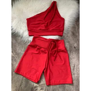 Top de Um Ombro e Short Fitness com Amarração Frontal - VERDE PALMA