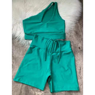 Top de Um Ombro e Short Fitness com Amarração Frontal - VERDE PALMA