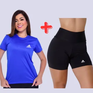 Camisa Dry Fit + Short Fitness Suplex: Kit Feminino Esportivo - Camisa + Short Preto ADIDAS