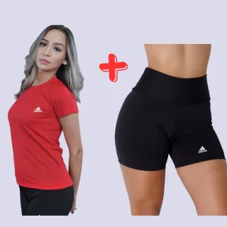 Camisa Dry Fit + Short Fitness Suplex: Kit Feminino Esportivo - Camisa + Short Preto ADIDAS