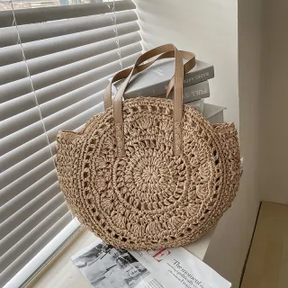 Bolsa redonda de palha feminina para praia - Tote