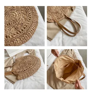 Bolsa redonda de palha feminina para praia - Tote - Caqui