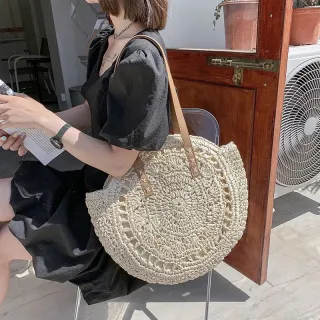 Bolsa redonda de palha feminina para praia - Tote - Caqui