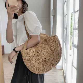 Bolsa redonda de palha feminina para praia - Tote - Caqui