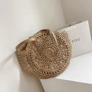 Bolsa redonda de palha feminina para praia - Tote - Caqui