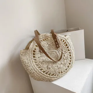 Bolsa redonda de palha feminina para praia - Tote - Caqui