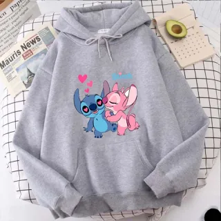 Moletom com Capuz Canguru Stitch - Modelo Unissex, Adulto e Infantil - Algodão Amor Fofo - Cinza