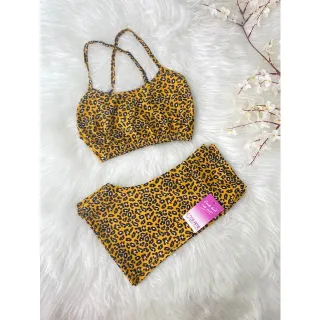 Top de alcinha cruzada sem bojo com Conjunto Fitness short - onça rosa/amarelo