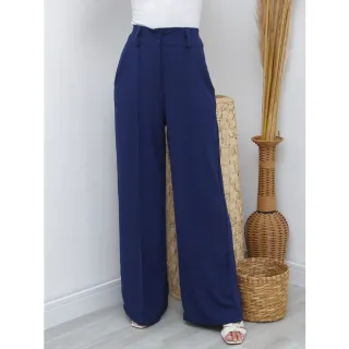 Tendência 2023: Calça Wide Leg Pantalona Feminina Duna com Botão - Azul Marinho(Com forro)
