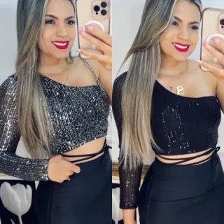 Blusa Cropped Manga Longa Paetê Lantejoulas - Moda Gringa