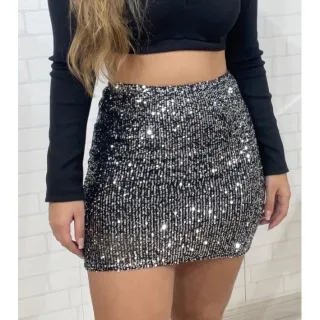 Promoção saia curta feminina luxo festa gringa moda balada brilho - Preto