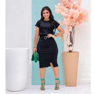 Moda Evangelica Conjunto Feminino Blusa Saia Midi Canelado 193 - Uva