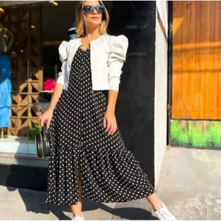 Vestido Feminino Alcinha Longo Viscose Poá Soltinho Bolinhas - Lilás  c/bolinhas brancas