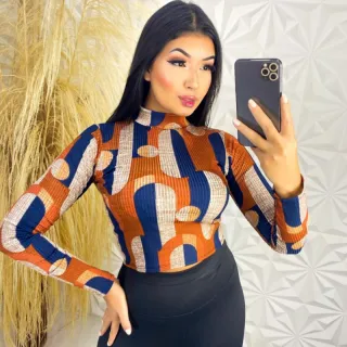 Manga Longa Gola Alta Canelado Listrado - Modinha Gringa - LISTRADO PRETO COM BRANCO