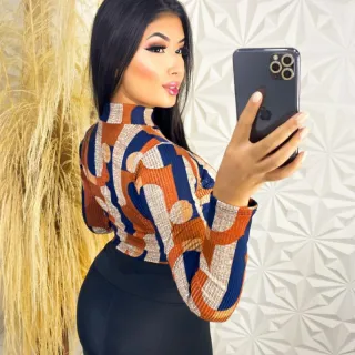 Manga Longa Gola Alta Canelado Listrado - Modinha Gringa - LISTRADO PRETO COM BRANCO